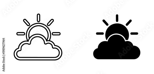 Minimalist sun and cloud weather icons, black outline and solid glyph vector symbols, morning sunrise or evening sunset meteorology graphics
