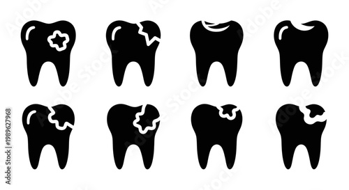 Set of Black Tooth Icons with Cavities and Chips