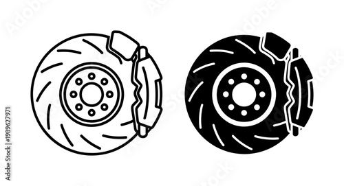 Car brake disc and caliper vector icons, automotive braking system components, black and white line art and silhouette set for mechanic garage