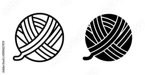 Minimalist yarn ball icons, black and white wool clew vector set, knitting and crochet supplies for craft shop branding and hobby projects