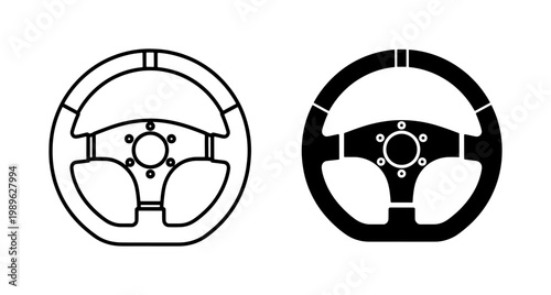 Racing steering wheel vector icons, black and white sports car wheel silhouettes, automotive performance parts for gaming and simulation