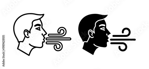 Breathing icon set with man exhaling air, human breath line art and silhouette vector, respiratory health and meditation symbols