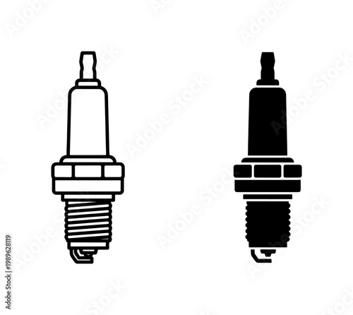 Automotive spark plug vector icons, car engine ignition system parts, black silhouette and outline sparkplug symbols for mechanical repair