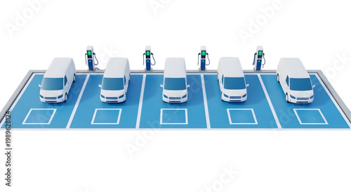 EV Delivery Mini Van Fleet Charging System Blueprint Vector – 5 Vehicle Landscape Layout AutoCAD Electric Infrastructure Light Blue White Outline on Black Background
