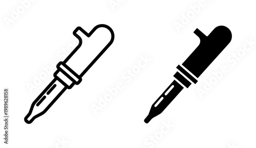 Minimalist eye dropper icon set, black and white pipette vector illustrations, medical laboratory dropper symbols for skincare and science branding