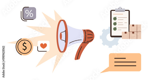 Marketing strategies, e-commerce solutions, digital advertising, business growth, communication tools, sales improvement. Megaphone with financial and document icons. Marketing strategies