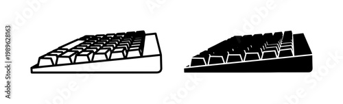 Minimalist computer keyboard vector icons, side view mechanical keyboard line art, black and white hardware peripheral symbols for tech design