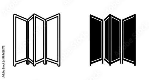 Folding room divider icon set, minimalist privacy screen vector illustrations, black and white interior partition furniture symbols for floor plans