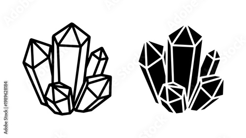 Black Crystal Quartz Mineral Outline and Silhouette Icon Set