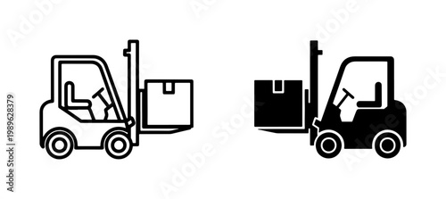 Forklift truck icons carrying cardboard boxes for logistics