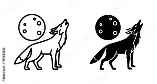 Howling Wolf Silhouette and Line Art Icon with Full Moon