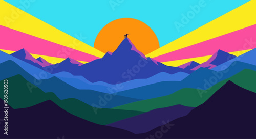 Colorful minimalist landscape featuring a silhouetted figure on a mountain peak