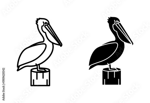 Pelican Bird Icon Set Standing on Wooden Pier Post
