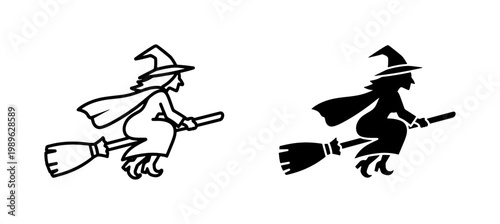 Witch flying on broomstick silhouette and outline vector