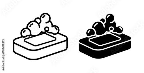 Soap bar with foam bubbles icon set