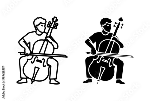 Man playing cello musician line art icon set