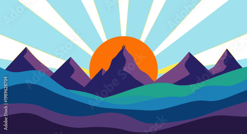 Stylized landscape featuring mountains waves and a vibrant orange sun