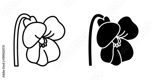 Violet flower line art and black silhouette icon set