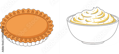 Pumpkin pie and whipped cream dessert vector illustration with baked pastry tart and creamy topping isolated on white background