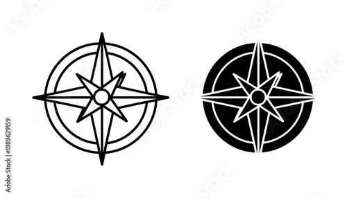 Nautical Compass Rose Black Outline and Solid Vector Icons