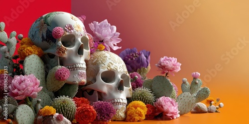 Colorful Mexican sugar skulls with cacti and floral patterns, Day of the Dead festive banner, vibrant gradient background