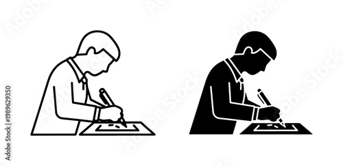 Man writing on paper with pen icon set