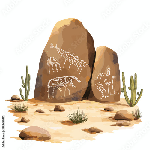 Sahara Rock Art. Sahara Rock Art hand drawn watercolor illustration on white background
