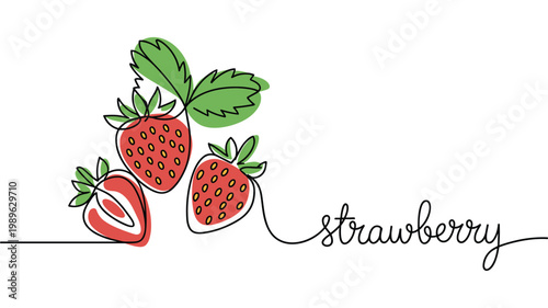 Continuous line drawing of strawberry fruits with leaves and lettering.