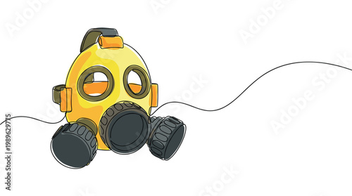 One line drawing of yellow gas mask with filters and head strap gear.