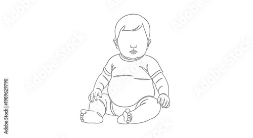 Calm Baby Sitting in Simple Line Art Style on Isolated White Background