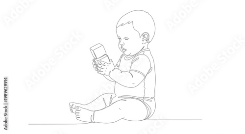 Curious Baby Sitting and Interacting with a Mobile Phone in Line Art Style on Isolated White Background