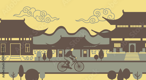 Man Cycling Through Traditional Asian Cityscape with Pagodas and Temples Under a Cloudy Sky