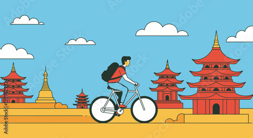 Man Cycling with Backpack Past Traditional Asian Pagodas Under a Bright Blue Sky with Clouds