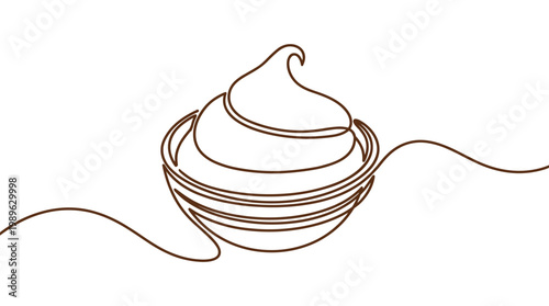 Chocolate mousse dessert in bowl single line drawing brown color.
