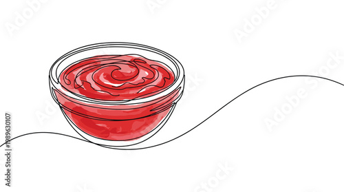 Continuous line drawing of small glass bowl containing red fruit jam.