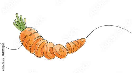 Sliced carrot vegetable drawn with single continuous line technique.