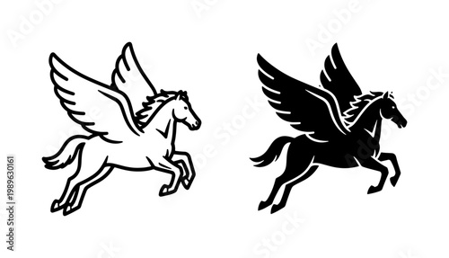 Flying Pegasus Horse Silhouette and Outline Vector Illustration