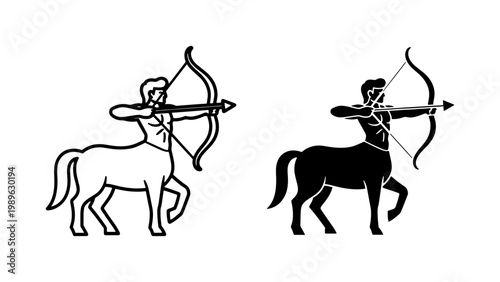 Centaur Archer Silhouette and Line Art Vector Icons