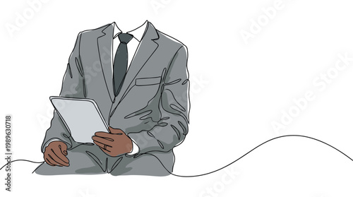 Business executive in suit using digital tablet for remote connection.
