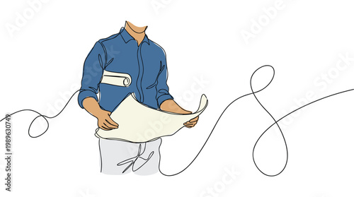 Continuous line drawing of engineer man in helmet holding blueprint project.