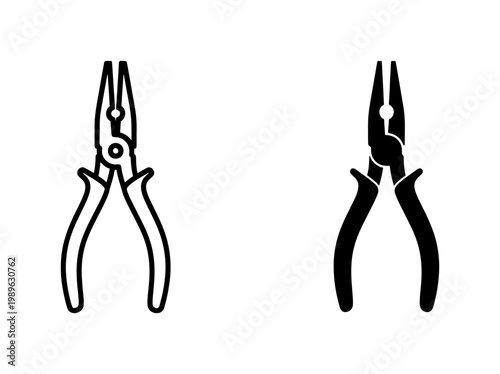 Pliers icon set with outline and solid black silhouette