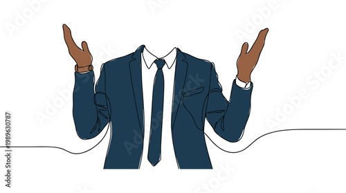 Continuous line drawing of a businessman in a suit with hands up.