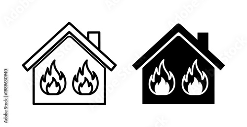 House Fire Icon Set Representing Property Damage and Insurance