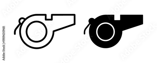 Referee whistle icon set in outline and solid black style