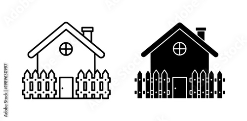 Foto House with wooden fence line and solid icon set