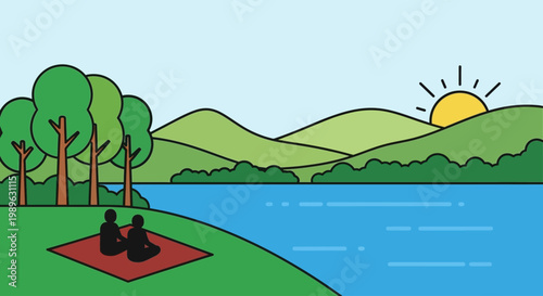 Two figures meditate peacefully by a serene lake at sunset