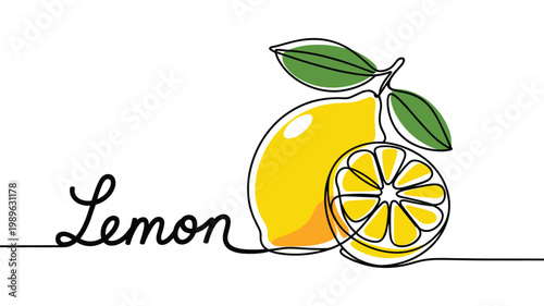 Yellow lemon continuous line drawing for fresh summer drink concept.