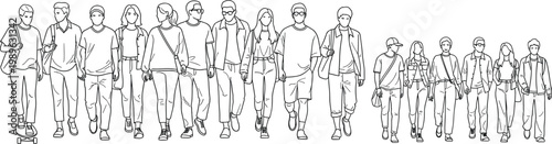 Continuous line drawing diverse people walking together crowd unity teamwork community concept minimal outline human figures vector illustration panorama set