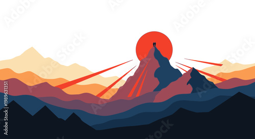 A lone figure stands silhouetted against a vibrant mountain sunset