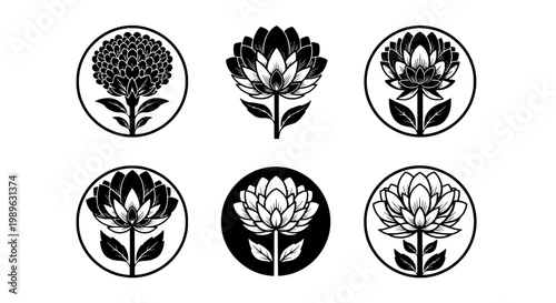 Lotus flower icons set with intricate black and white designs featuring icon, design, floral with nature and symbol elements for emblem, logo